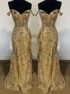 Gold Off The Shoulder Sequin Lace Mermaid Prom Dress With Slit