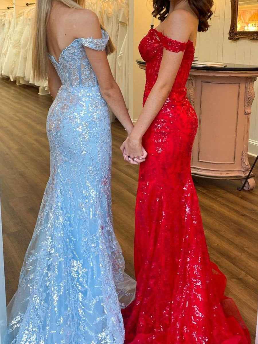 Gold Off The Shoulder Sequin Lace Mermaid Prom Dress With Slit