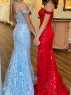 Gold Off The Shoulder Sequin Lace Mermaid Prom Dress With Slit