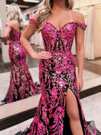 Gold Off The Shoulder Sequin Lace Mermaid Prom Dress With Slit