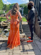 Orange Sequin Beaded Mermaid Prom Dress With Plunge V Neck