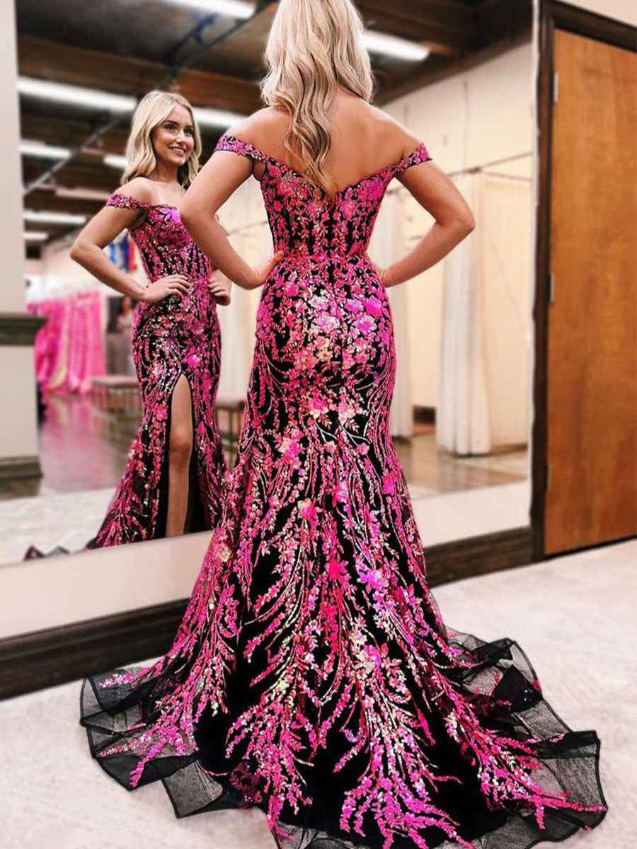 Gold Off The Shoulder Sequin Lace Mermaid Prom Dress With Slit