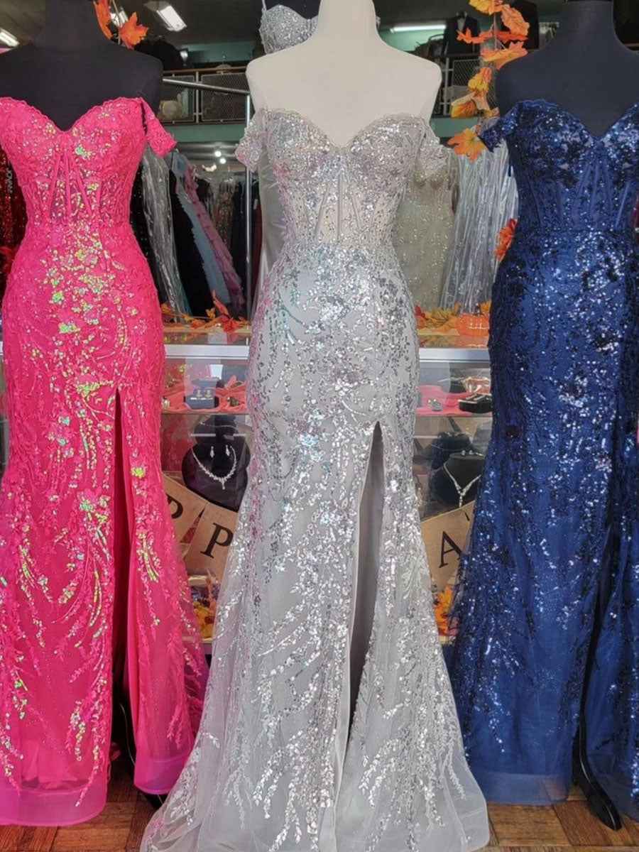 Gold Off The Shoulder Sequin Lace Mermaid Prom Dress With Slit