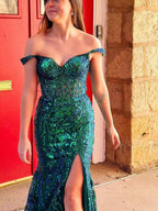 Gold Off The Shoulder Sequin Lace Mermaid Prom Dress With Slit