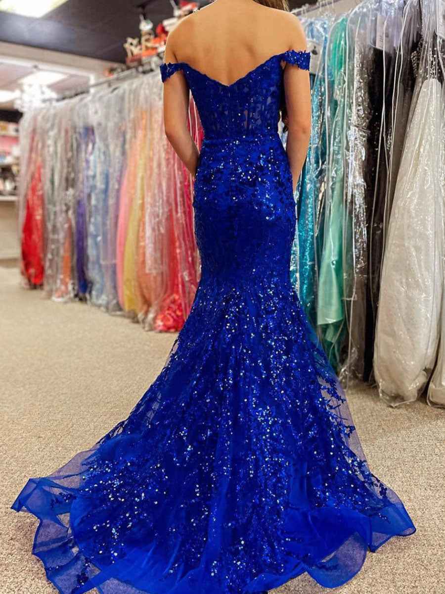 Gold Off The Shoulder Sequin Lace Mermaid Prom Dress With Slit