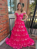 Off Shoulder Tiered Lace Prom Dress In Silver Gray With Sparkle
