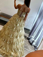 Off Shoulder Tiered Lace Prom Dress In Silver Gray With Sparkle