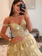 Off Shoulder Tiered Lace Prom Dress In Silver Gray With Sparkle
