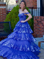Off Shoulder Tiered Lace Prom Dress In Silver Gray With Sparkle