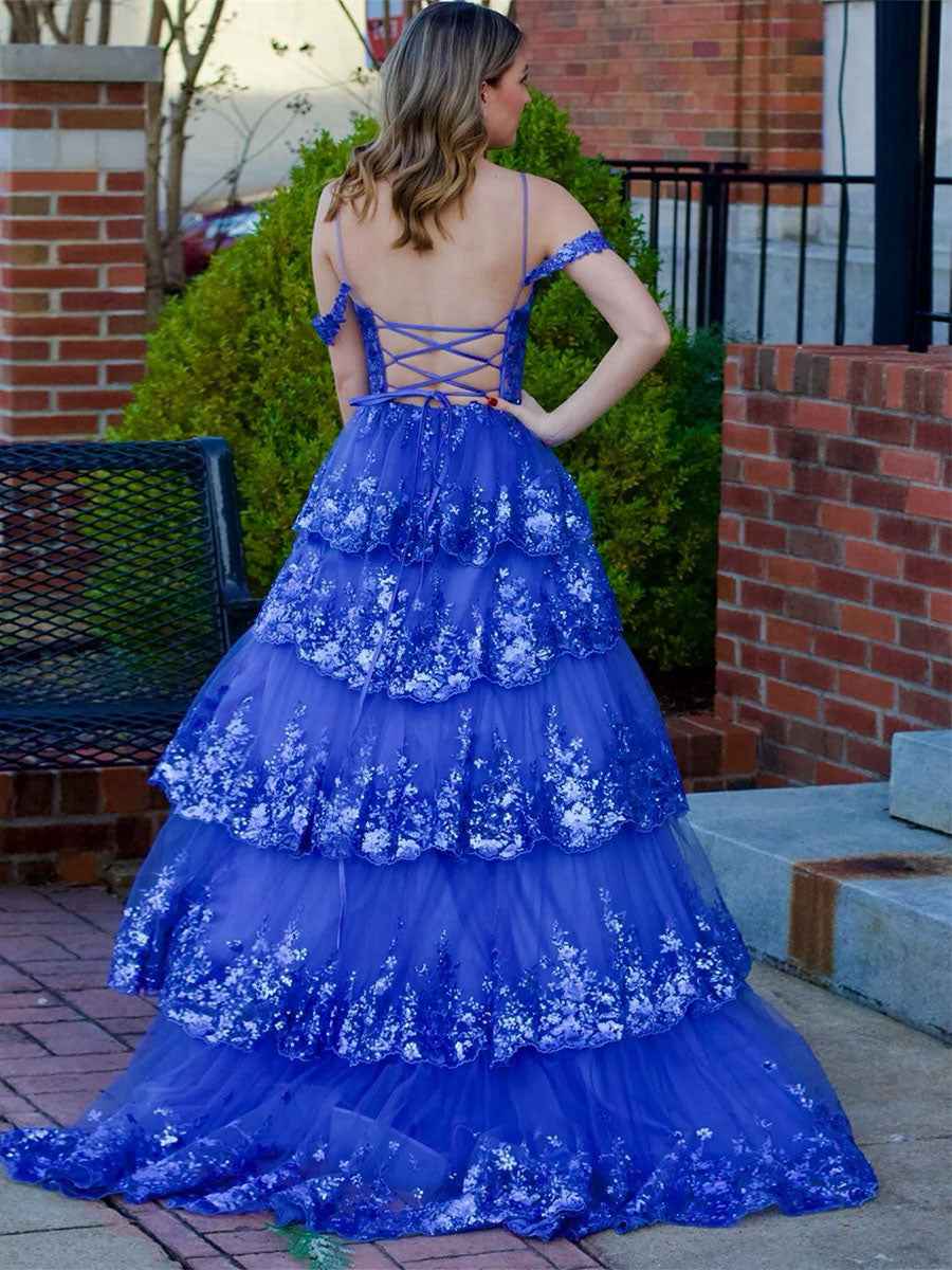 Off Shoulder Tiered Lace Prom Dress In Silver Gray With Sparkle