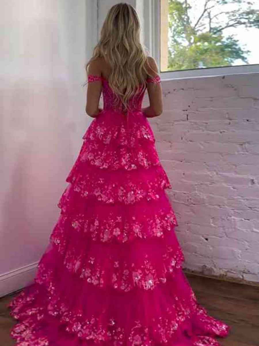 Off Shoulder Tiered Lace Prom Dress In Silver Gray With Sparkle