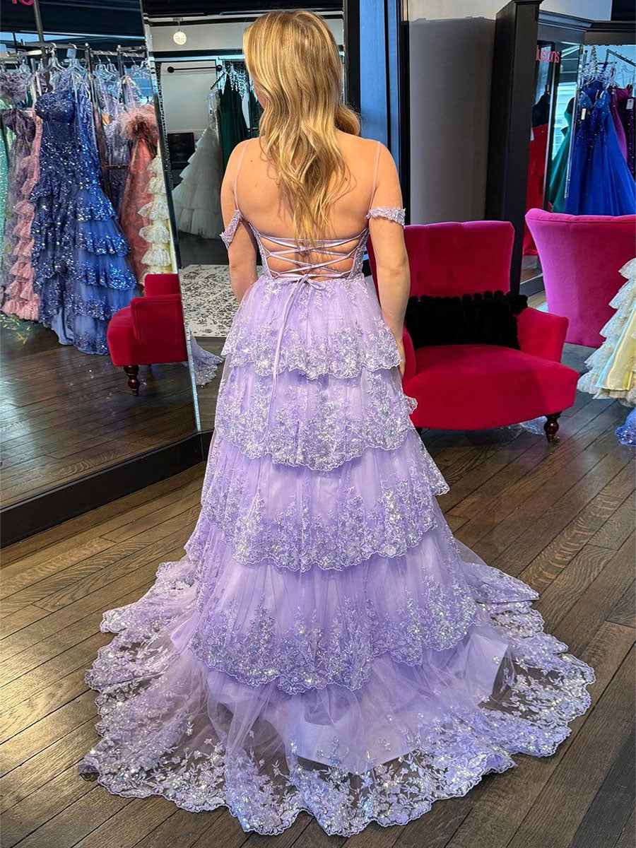Off Shoulder Tiered Lace Prom Dress In Silver Gray With Sparkle