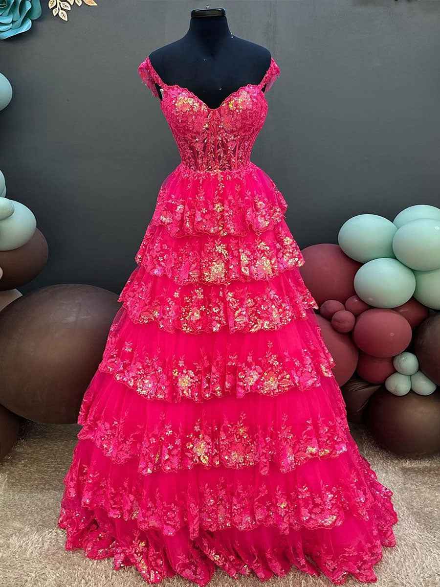 Off Shoulder Tiered Lace Prom Dress In Silver Gray With Sparkle
