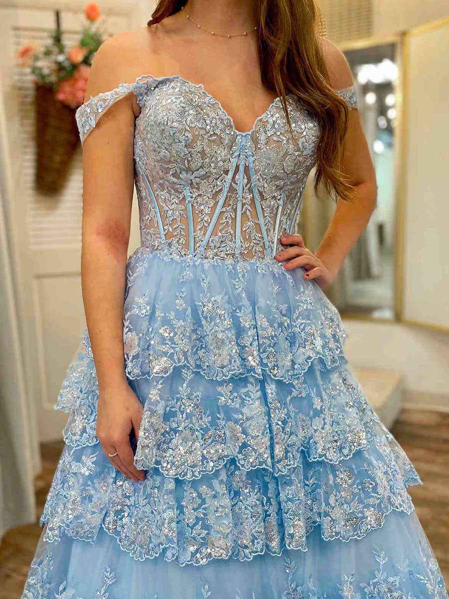 Off Shoulder Tiered Lace Prom Dress In Silver Gray With Sparkle