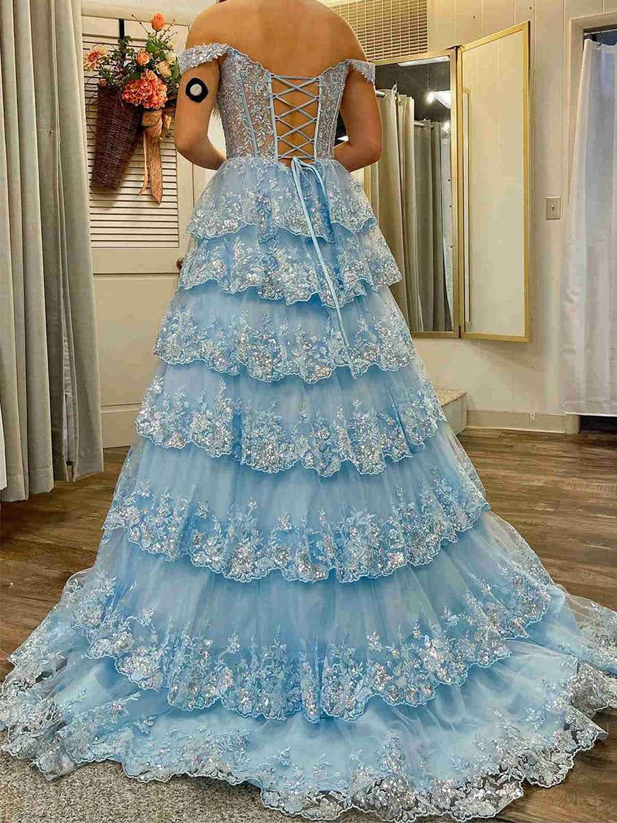Off Shoulder Tiered Lace Prom Dress In Silver Gray With Sparkle