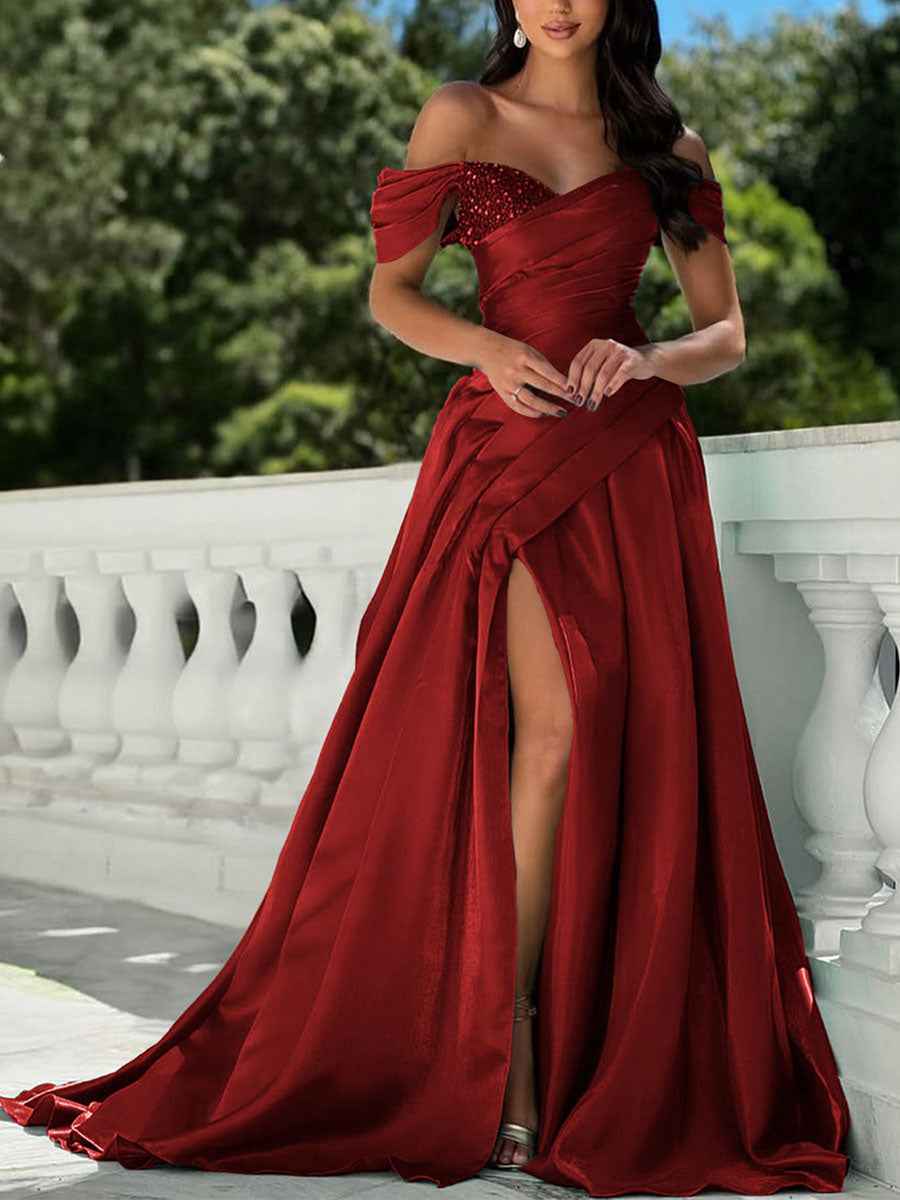 Red Off The Shoulder Sequin Prom Dress Asymmetrical Bodice