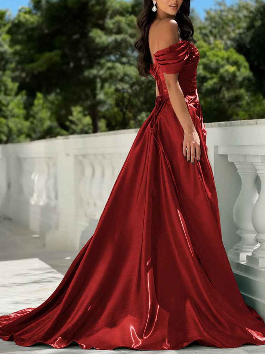 Red Off The Shoulder Sequin Prom Dress Asymmetrical Bodice