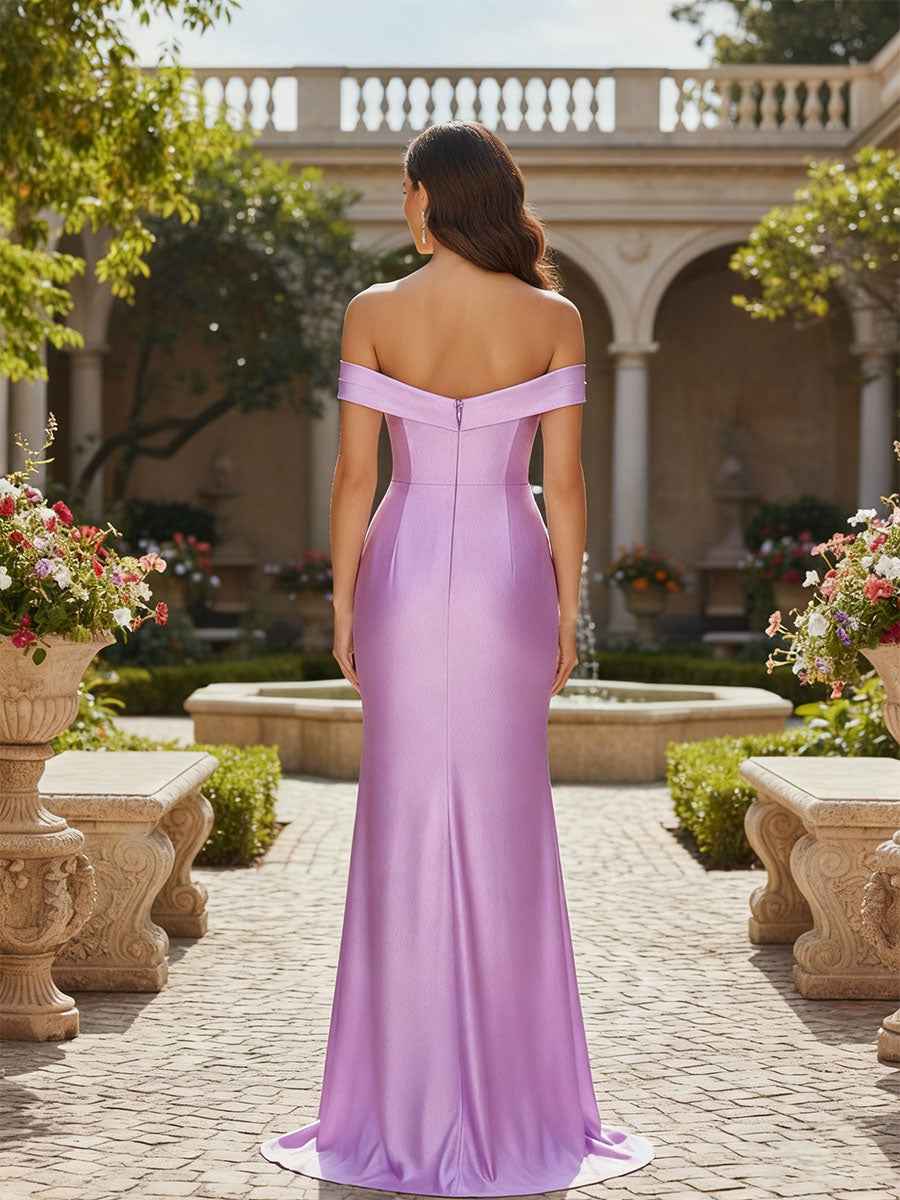 Lavender Satin Prom Dress With Off Shoulder Lace Applique And High Slit
