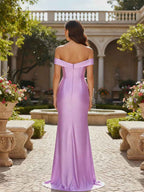 Lavender Satin Prom Dress With Off Shoulder Lace Applique And High Slit