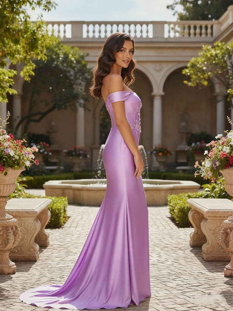 Lavender Satin Prom Dress With Off Shoulder Lace Applique And High Slit