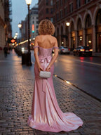 Iridescent Pink Metallic Satin Off The Shoulder Rhinestone Corset Prom Dress