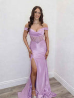 Lavender Off Shoulder Satin Corset Prom Dress With High Slit