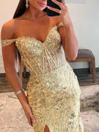 Gold Off The Shoulder Sequin Lace Mermaid Prom Dress With Slit