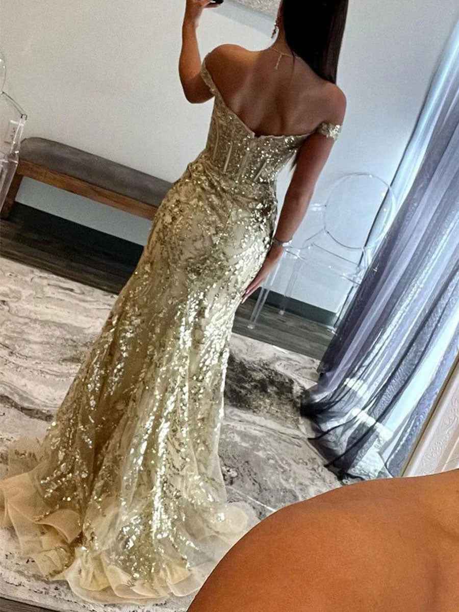 Gold Off The Shoulder Sequin Lace Mermaid Prom Dress With Slit