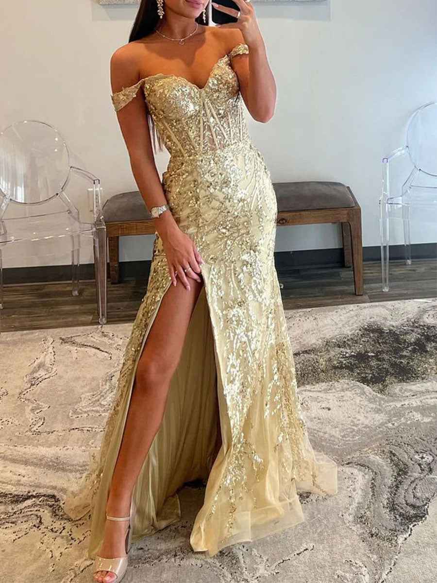 Gold Off The Shoulder Sequin Lace Mermaid Prom Dress With Slit