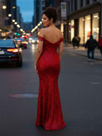 Red Off Shoulder Sequin Prom Gown With Geometric Pattern
