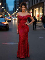 Red Off Shoulder Sequin Prom Gown With Geometric Pattern