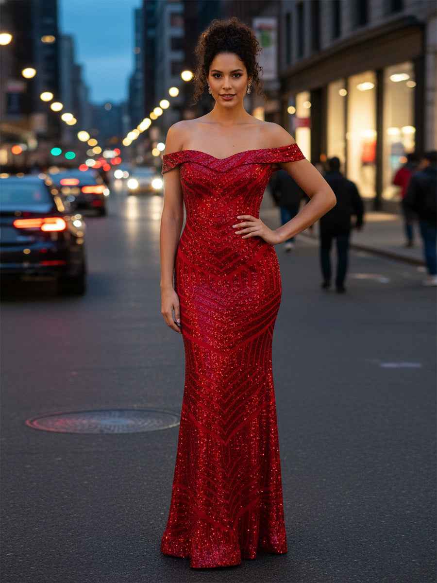 Red Off Shoulder Sequin Prom Gown With Geometric Pattern