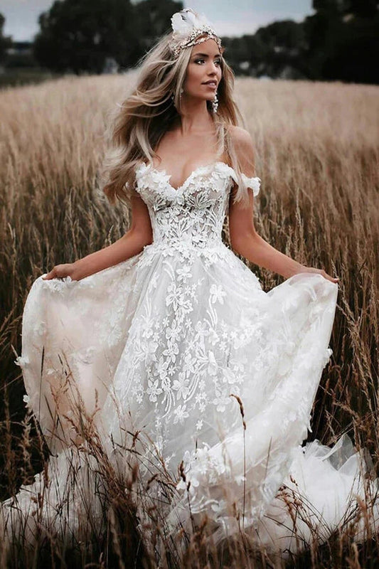 Off-the-Shoulder Tüll Spitze Blumen Rustikale Brautkleider Boho Brautkleid