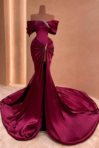 Off-the-shoulder Satin Long Split Front Mermaid Prom Dresses With Beads