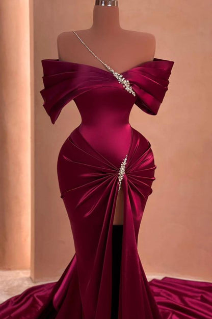 Off-the-shoulder Satin Long Split Front Mermaid Prom Dresses With Beads