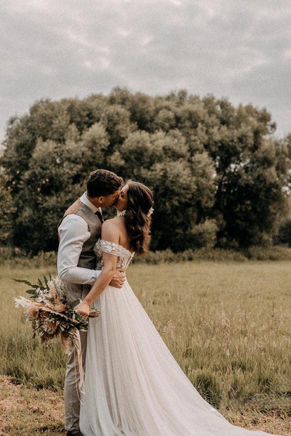 Vestidos de novia de corte A con hombros descubiertos y cuentas, vestidos con apliques de encaje
