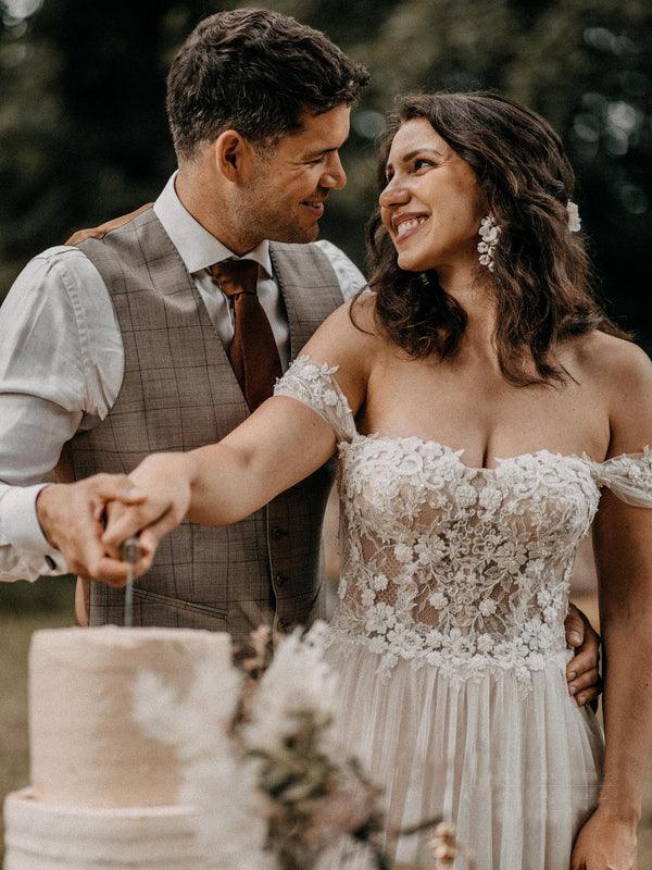 Vestidos de novia de corte A con hombros descubiertos y cuentas, vestidos con apliques de encaje
