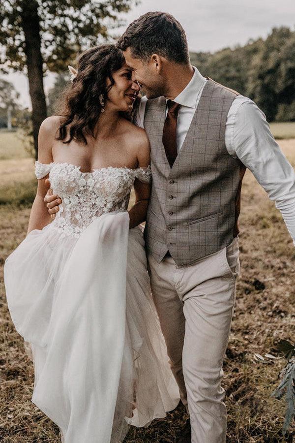 Vestidos de novia de corte A con hombros descubiertos y cuentas, vestidos con apliques de encaje