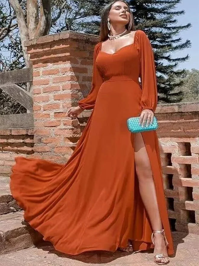 Vestido de Baile em Chiffon com Ombros Descobertos e Fenda SYP170