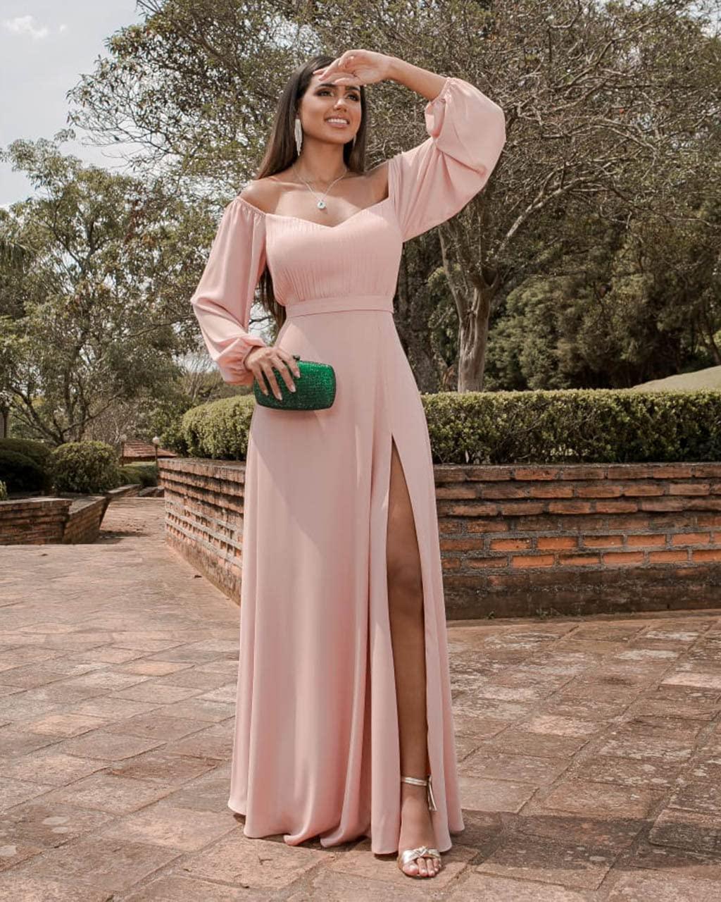 Vestido de Baile em Chiffon com Ombros Descobertos e Fenda SYP170