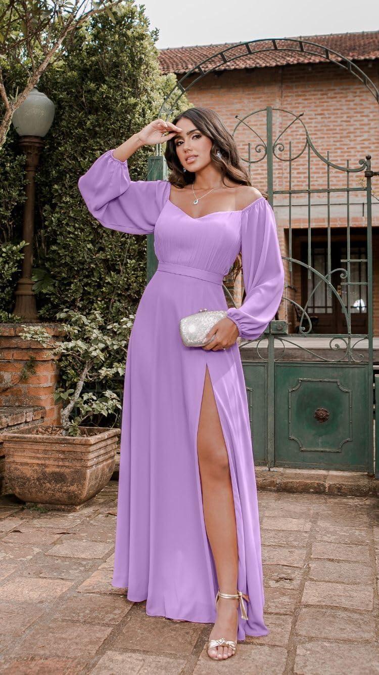 Vestido de Baile em Chiffon com Ombros Descobertos e Fenda SYP170