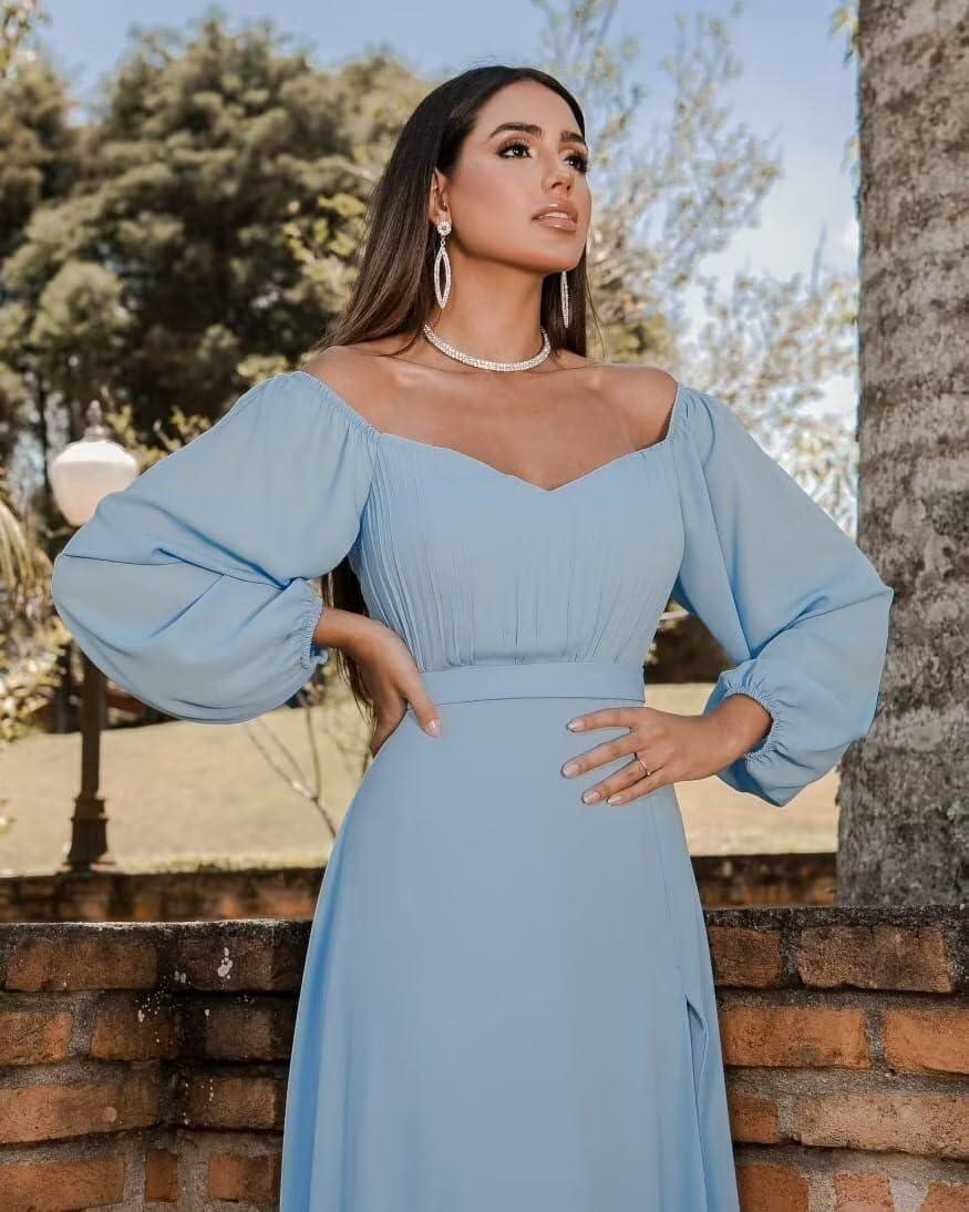 Vestido de Baile em Chiffon com Ombros Descobertos e Fenda SYP170