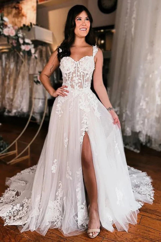 Schulterfreies elegantes Brautkleid Boho Brautkleid mit Schlitz