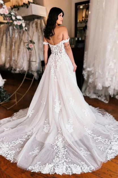 Schulterfreies elegantes Brautkleid Boho Brautkleid mit Schlitz