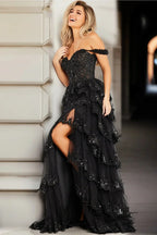 Vestido de Baile com Folhos em Camadas, Fenda Alta e Corpete Vestido de Baile SYP174