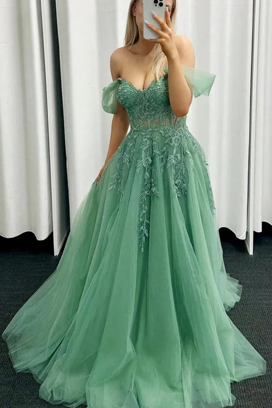 Off Shoulder Green Lace Long Prom Dresses Green Formal Gown