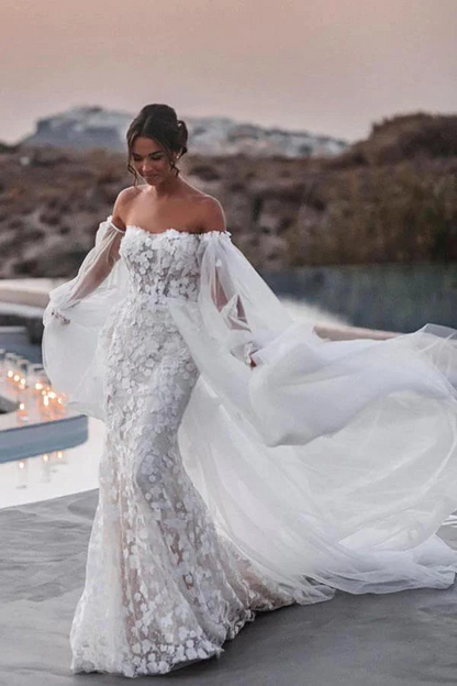 Off Shoulder Lace Mermaid Beach Wedding Dresses With Detachable Train