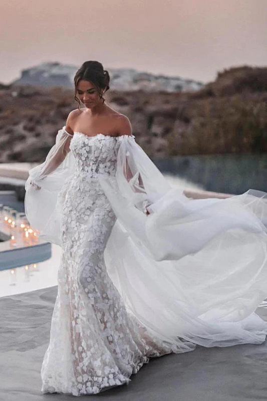 Off Shoulder Lace Mermaid Beach Wedding Dresses With Detachable Train