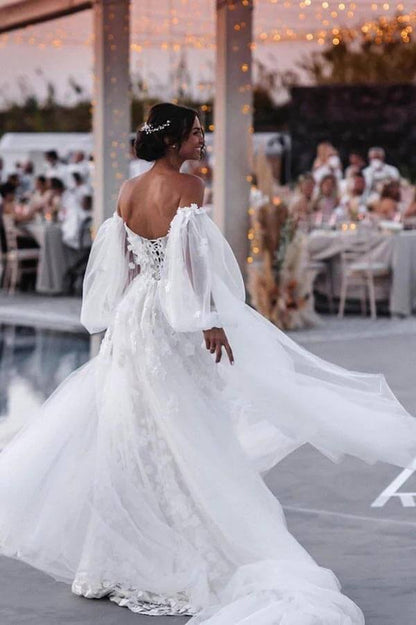 Off Shoulder Lace Mermaid Beach Wedding Dresses With Detachable Train