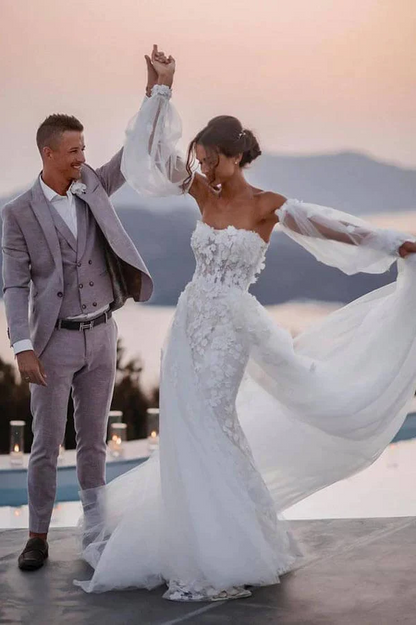 Off Shoulder Lace Mermaid Beach Wedding Dresses With Detachable Train